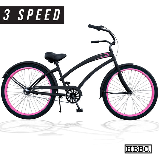 SKULLXBONES Women’s Beach Cruiser 3 Speed – FLAT BLACK/PINK